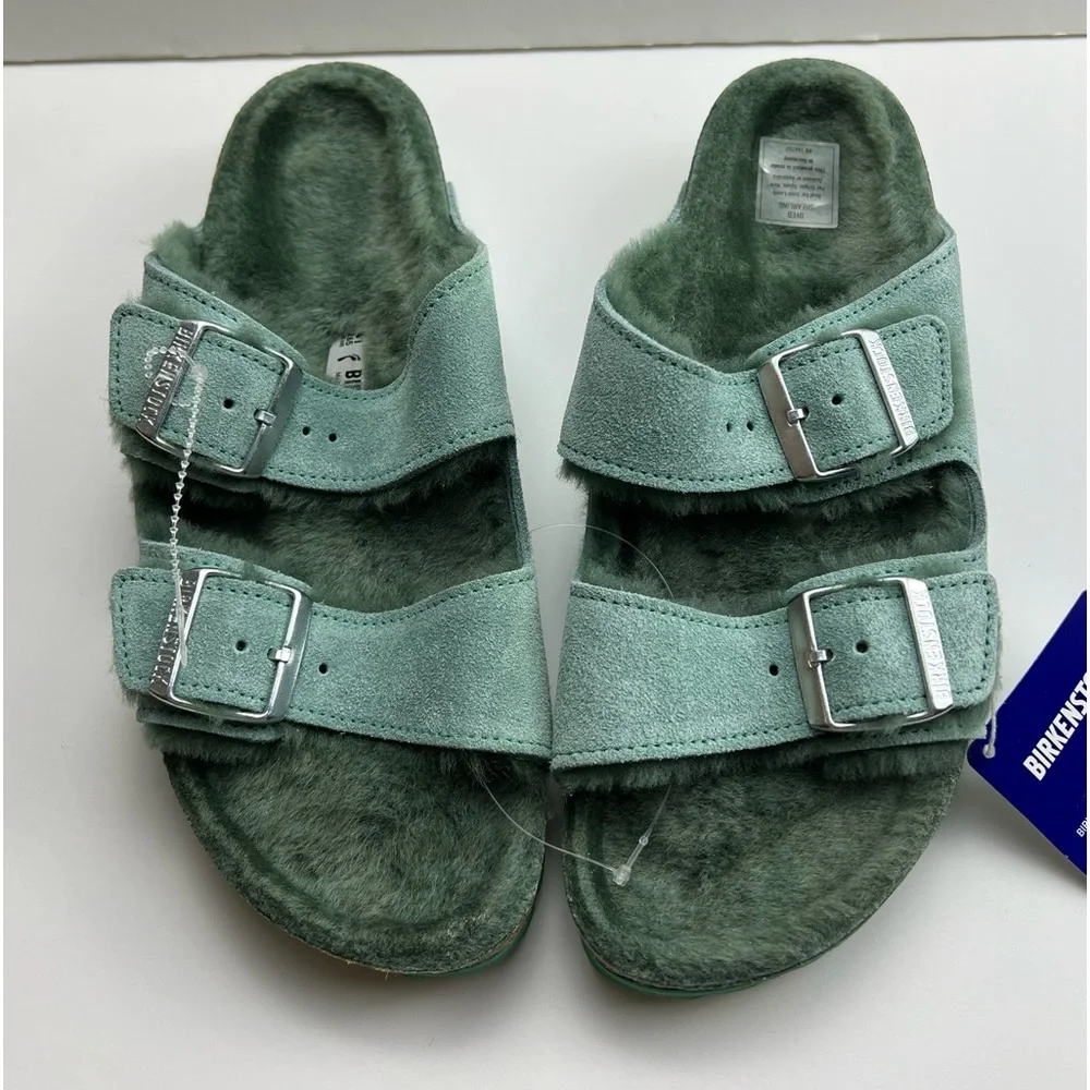 NWT BIRKENSTOCK ARIZONA  TEAL SUEDE SHEARLING SANDALS  ll  SZ- 265 / 41 - Picture 6 of 11
